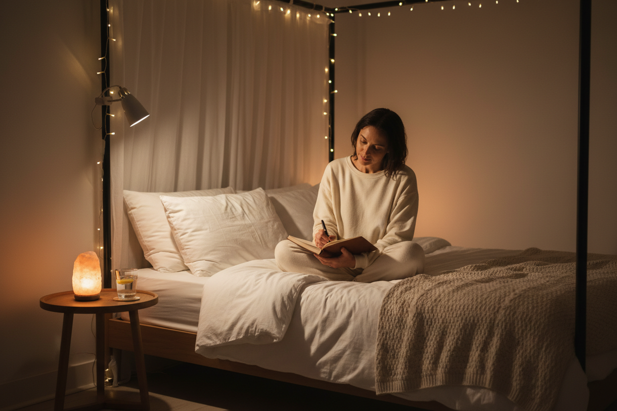 Woman following a calming bedtime routine for better sleep — tips for busy adults over 30