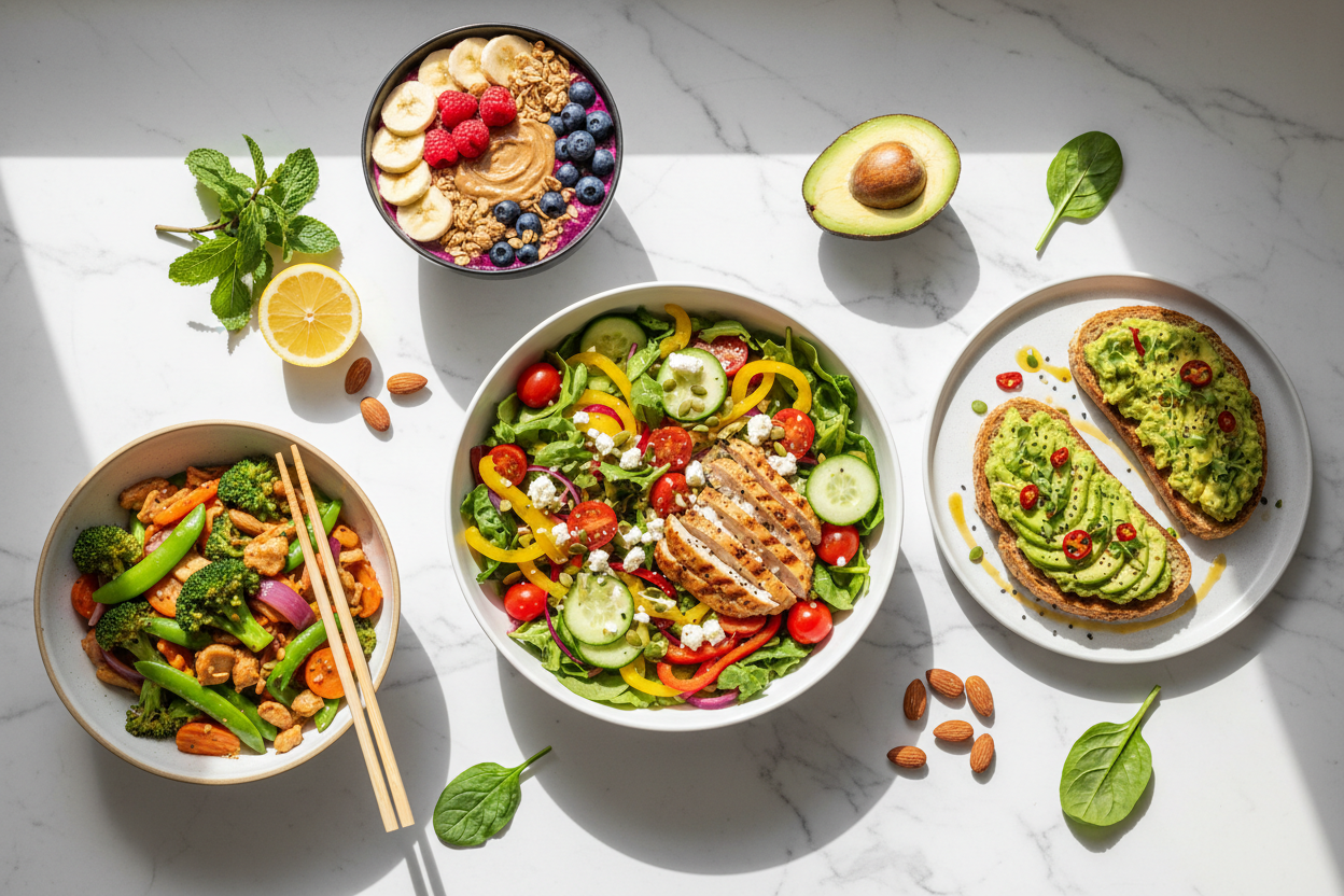 Quick healthy meal bowls ready in under 15 minutes — easy nutrition for busy adults