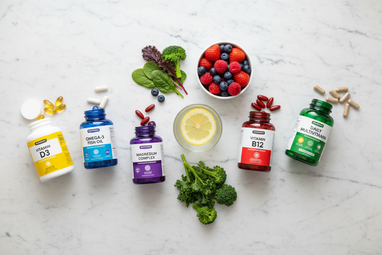 Essential daily supplements laid out on a clean surface for busy adults over 30