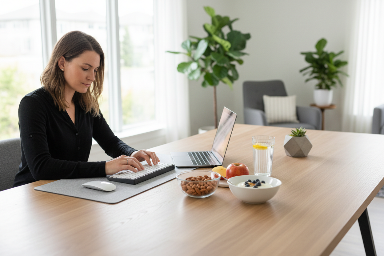 Healthy snacks on a work desk — almonds, apple, Greek yogurt and water