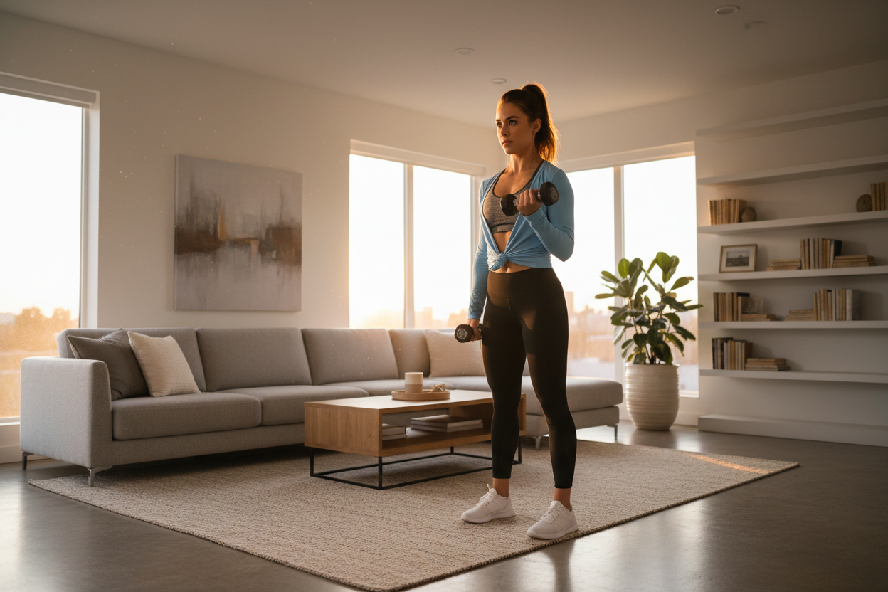 Woman doing home workout after work — building consistent exercise habit when tired