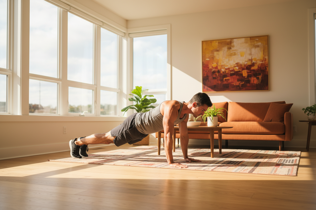 Working adult doing a home workout in a living room with natural light