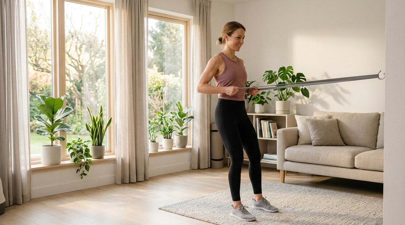 Woman doing low impact home workout in bright living room — joint-friendly exercises for adults over 30