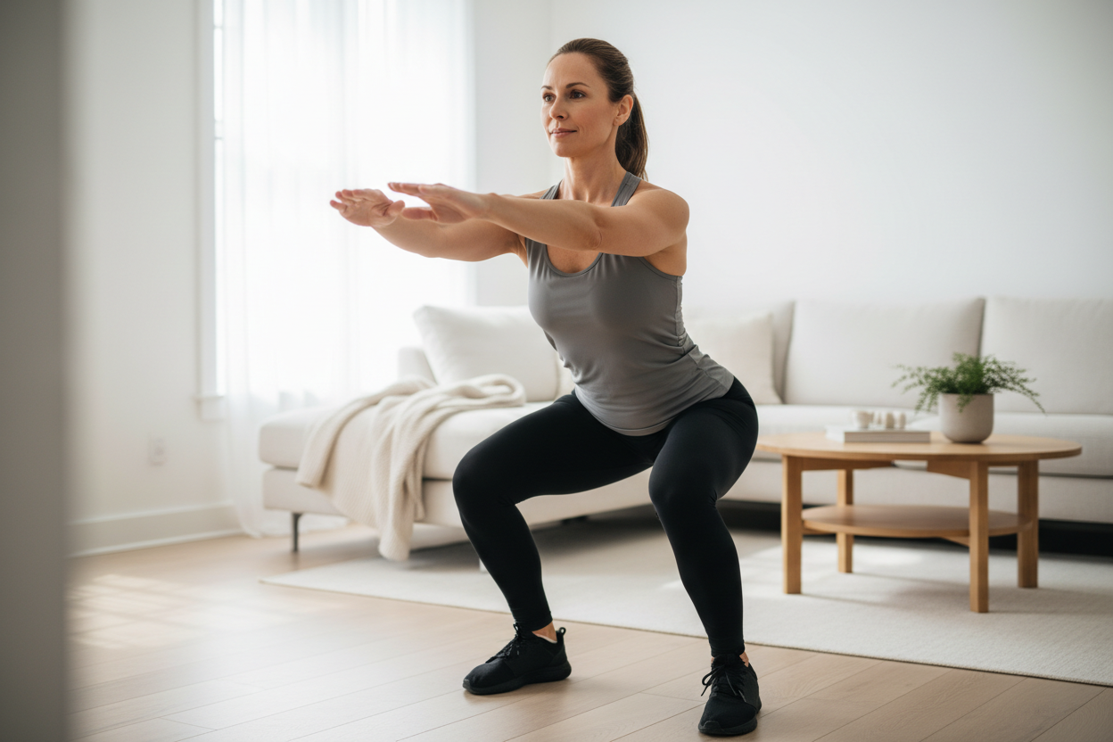 Adult over 30 doing low-impact bodyweight squat at home