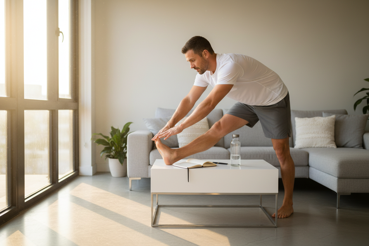 Busy adult following a simple healthy daily routine at home