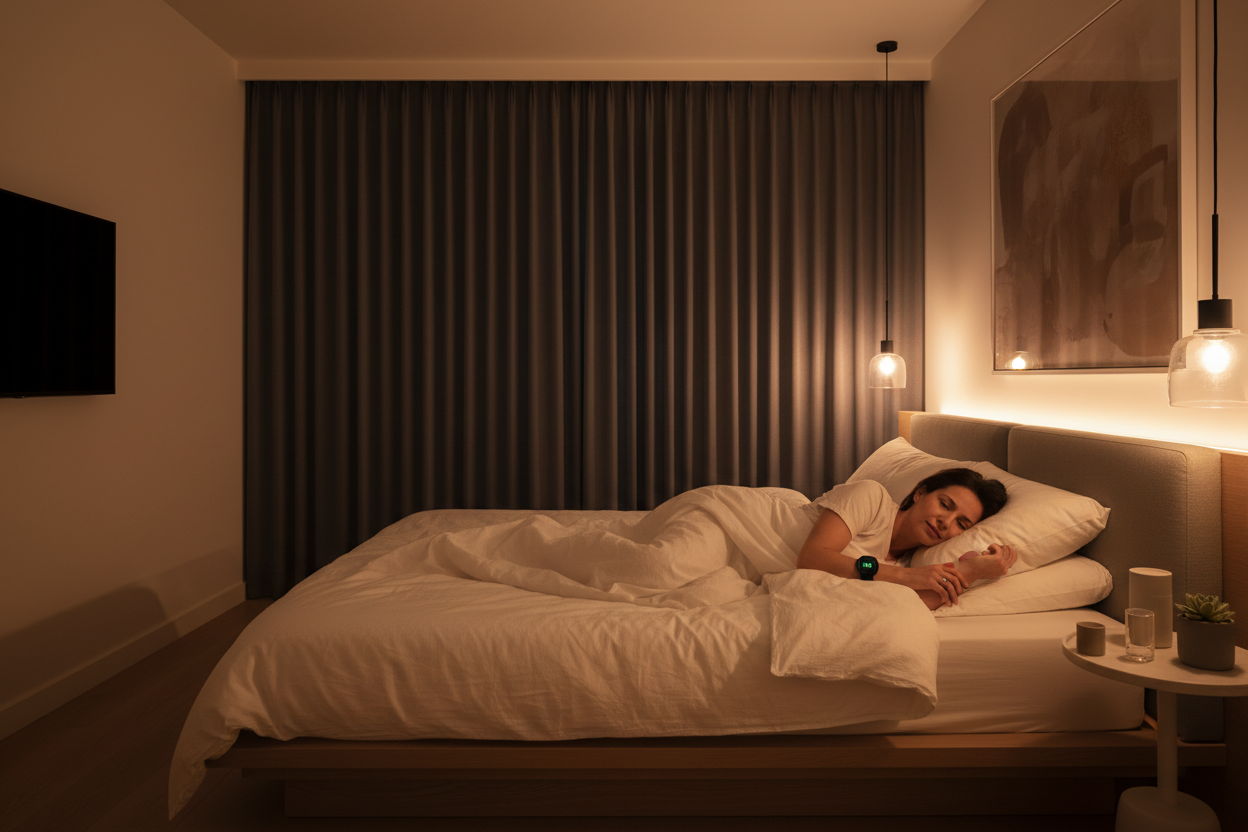Adult struggling to sleep in dark bedroom — tips to improve sleep quality for busy adults over 30