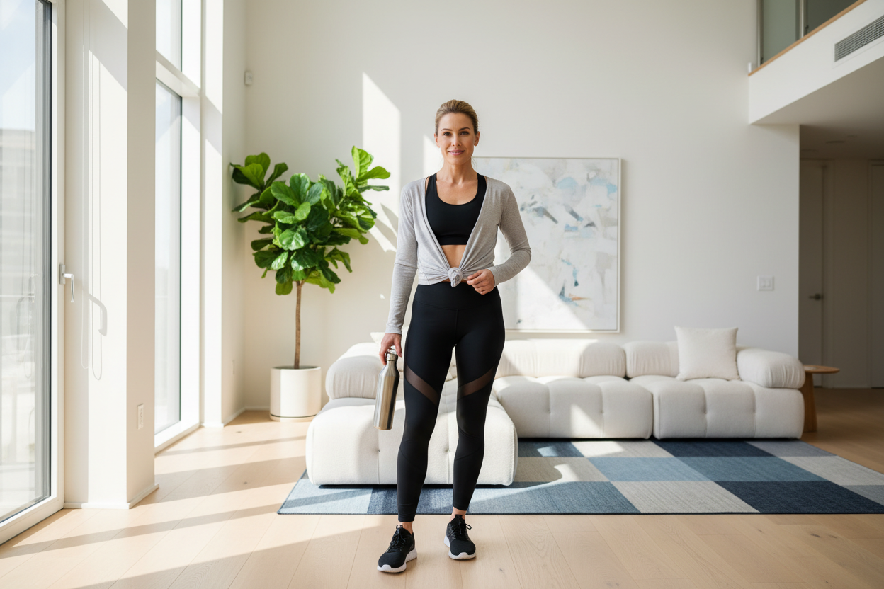 Confident woman over 30 in activewear standing in a bright living room, representing staying consistent with healthy habits on a busy schedule