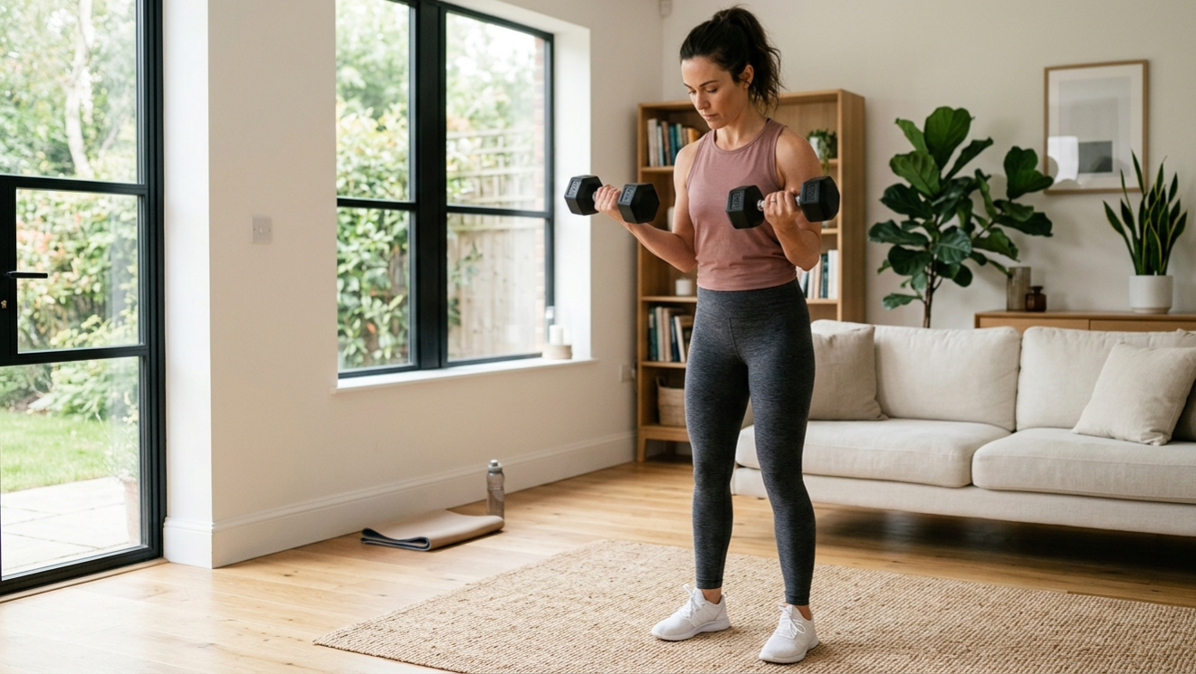 Woman doing home workout in living room — simple weekly fitness plan for busy professionals