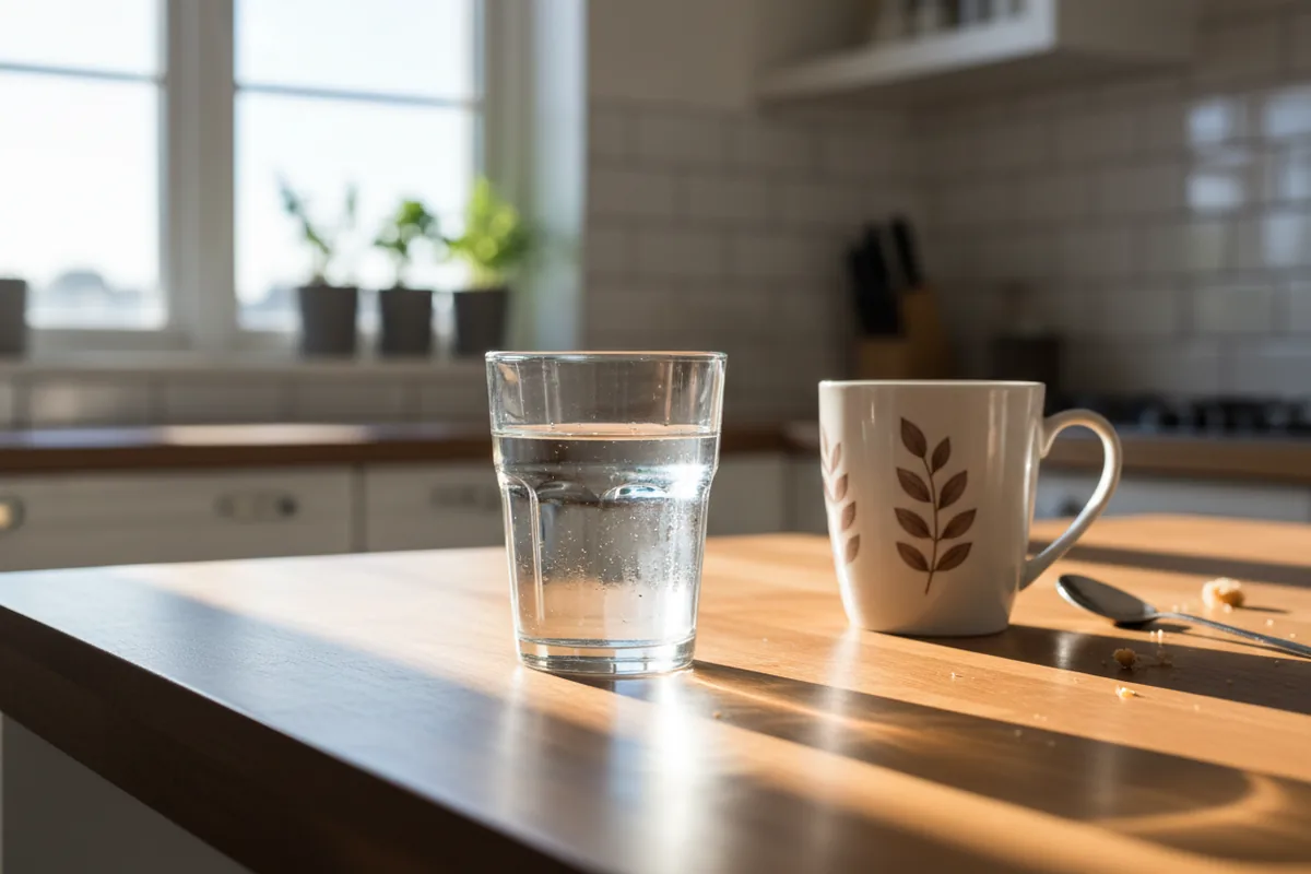 A glass of water before coffee to fight morning fatigue from dehydration