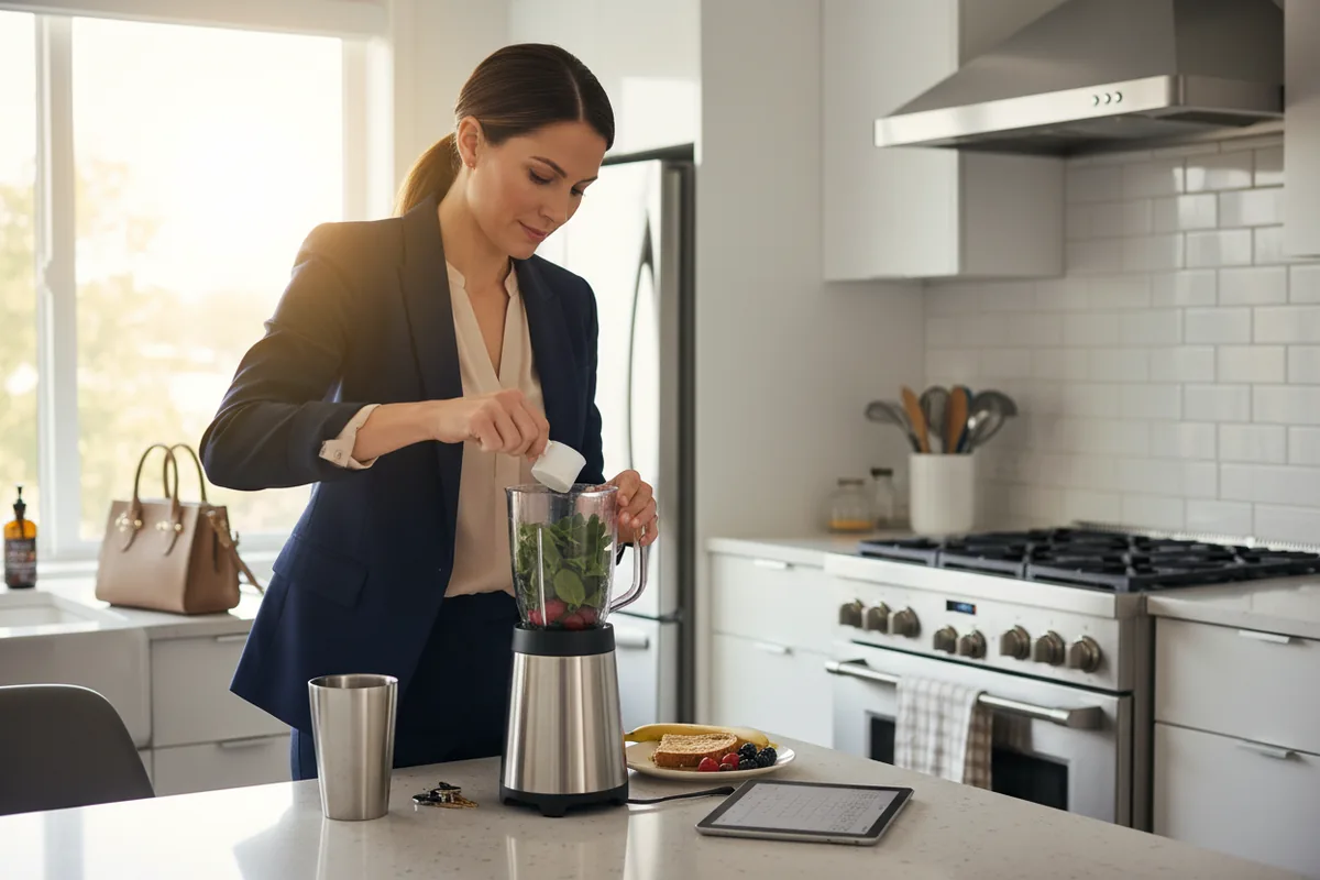 Busy professional making a quick 60-second protein shake before work