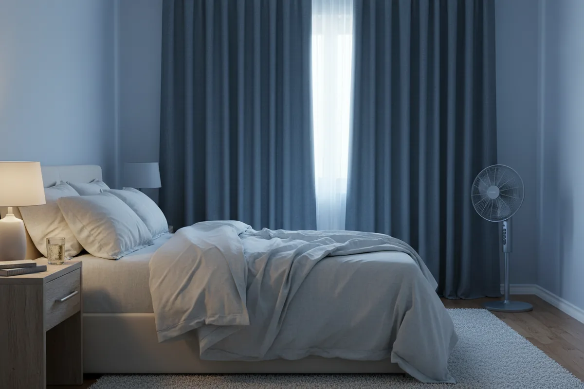 Cool dark bedroom set up for quality summer sleep with linen bedding and blackout curtains