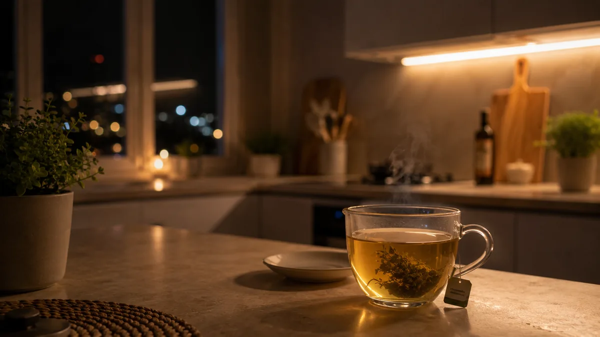 Clean closed kitchen with a cup of herbal tea as an evening ritual to stop night snacking