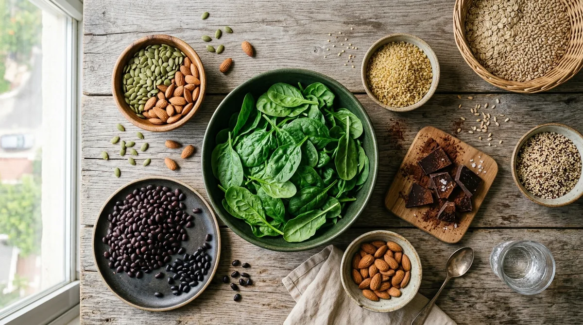 Magnesium-rich foods including pumpkin seeds, almonds, spinach and dark chocolate