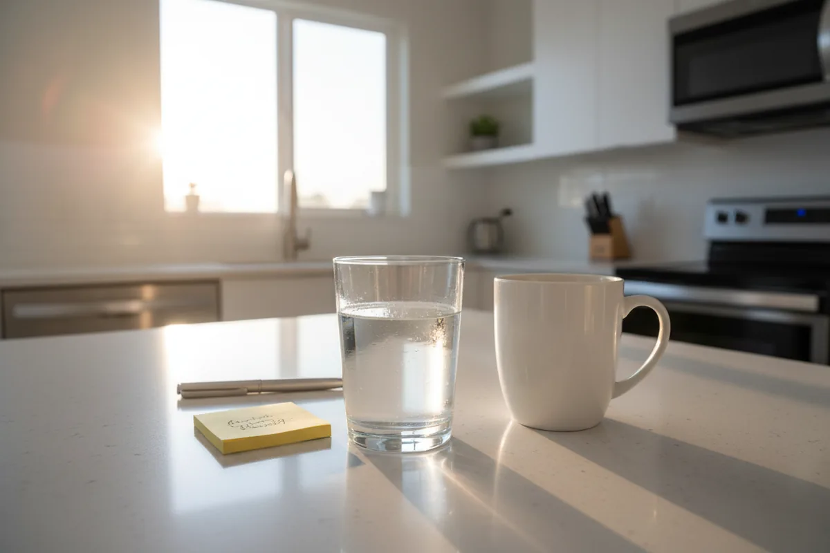 Glass of water before coffee with a sticky note for the day's one priority