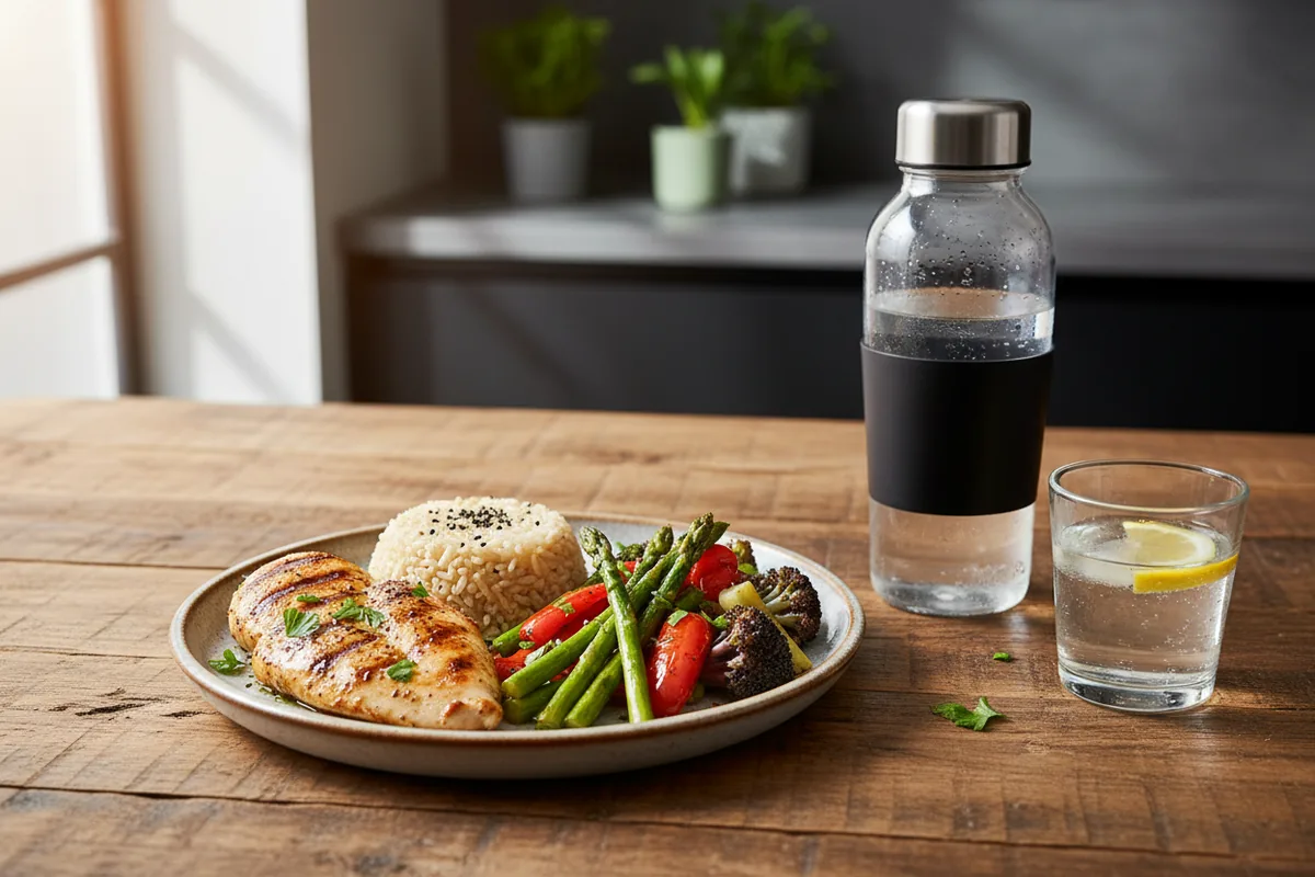 A balanced post-workout meal of chicken, rice and vegetables to aid recovery
