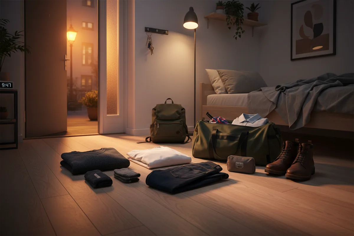 Clothes and bag prepared the night before as part of an evening routine