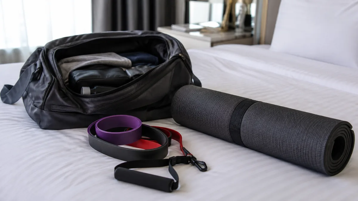 Portable resistance bands and mat packed in a bag for workouts on an unpredictable schedule