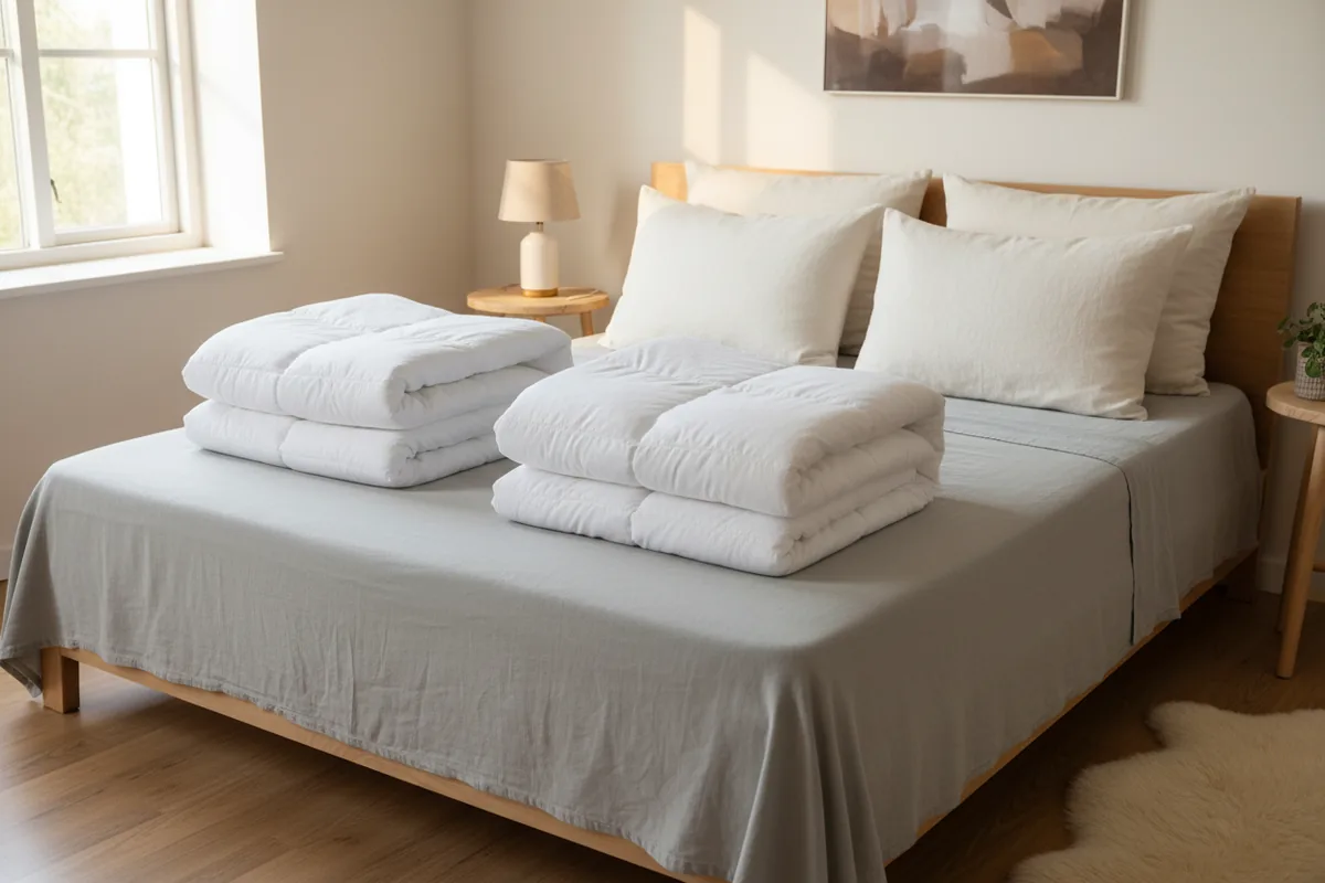 One bed made with two separate duvets to solve the blanket temperature problem